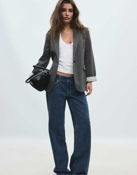 Stradivarius regular fit kavaj i grått med hundtandsmönster - view 1