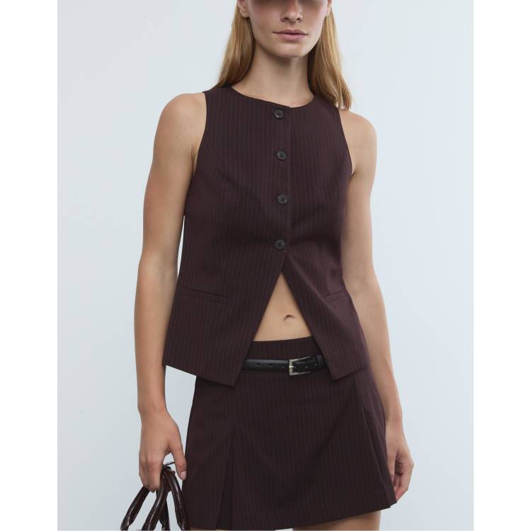 Stradivarius Regular fit striped buttoned waistcoat in purple ASOS