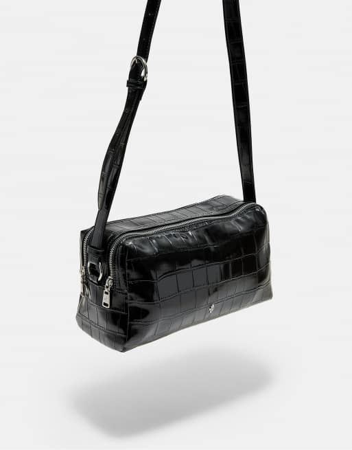 Stradivarius rektangulär crossbody-väska med krokodileffekt i svart, 4 av 4