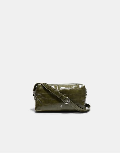 Stradivarius rektangulær crossbody-taske med krokodilleeffekt i khaki - view 1