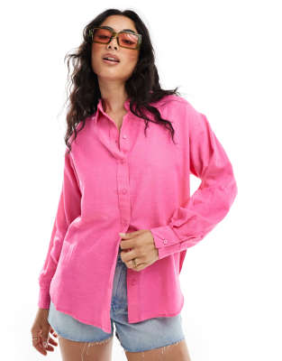 Stradivarius - Relaxed-Fit-Hemd in leuchtendem Rosa mit Leinenoptik