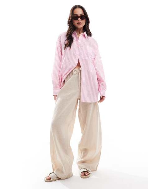 Stradivarius – Relaxed Fit Hemd in Rosa mit Streifen - view 1