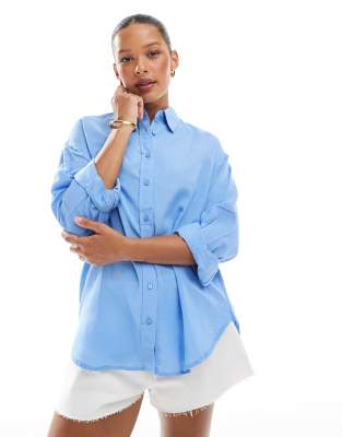 Stradivarius Relaxed Fit Linen Look Shirt In Blue