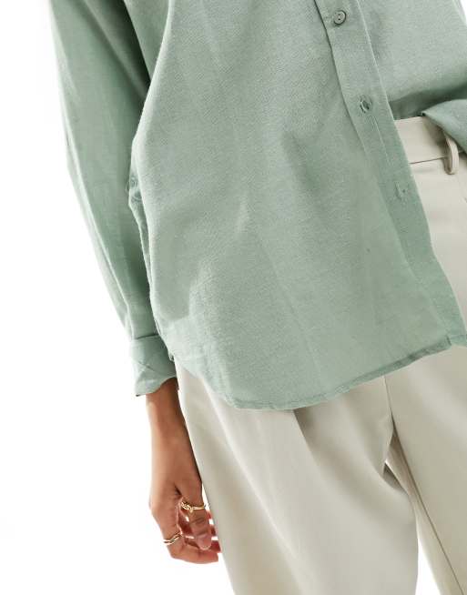 Stradivarius relaxed fit linen look shirt in khaki, 4 of 4