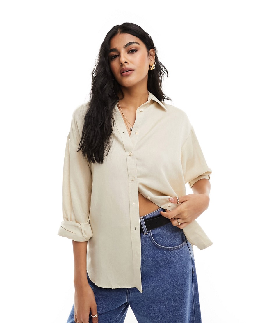 Stradivarius relaxed fit linen look shirt in oatmeal-Neutral