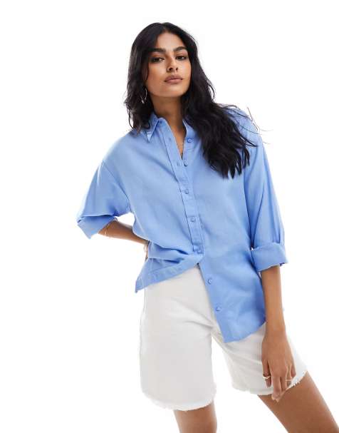 Stradivarius relaxed fit linen mix shirt in blue - view 1