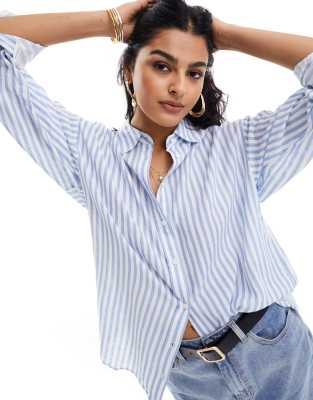 Stradivarius Relaxed Fit Linen Mix Striped Shirt In Blue