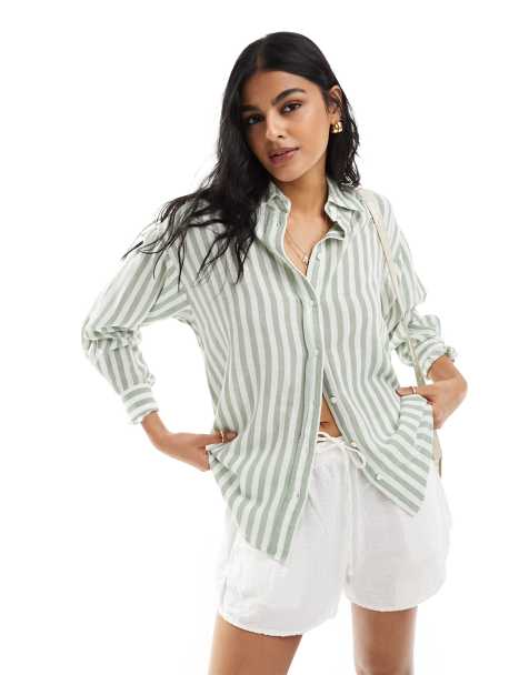 Stradivarius relaxed fit linen mix striped shirt in light green - view 1