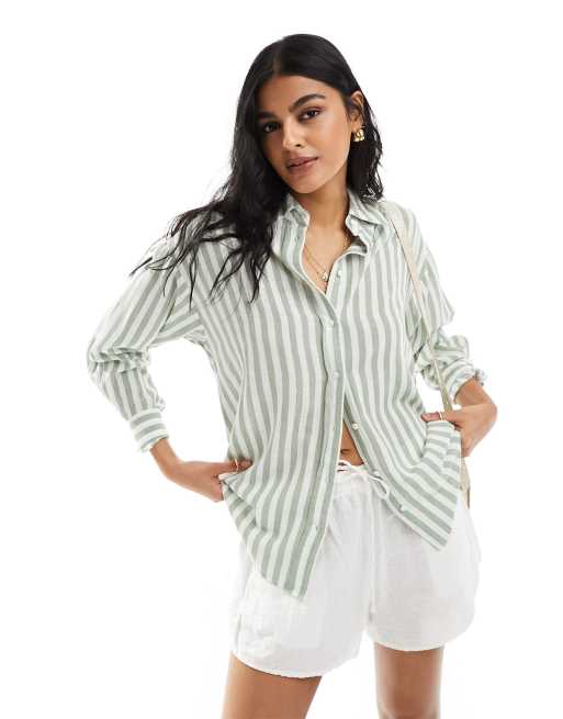 Stradivarius relaxed fit linen mix striped shirt in light green