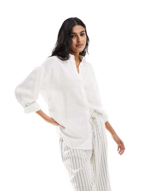 Stradivarius relaxed fit linen shirt in white | ASOS