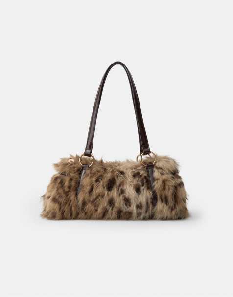 Stradivarius Retro print faux fur and suede shoulder bag in caramel - view 1