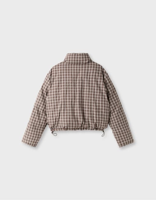 Stradivarius Reversible padded check jacket in brown, 6 of 6