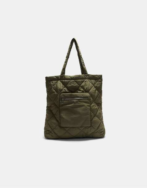 Stradivarius Reversible padded shopper bag in khaki - view 1