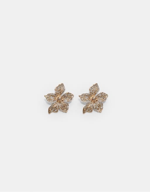 Stradivarius Rhinestone flower earrings in gold