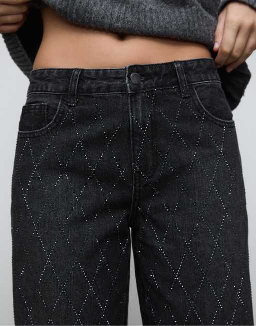 Stradivarius Rhinestone jeans in black denim washed effect