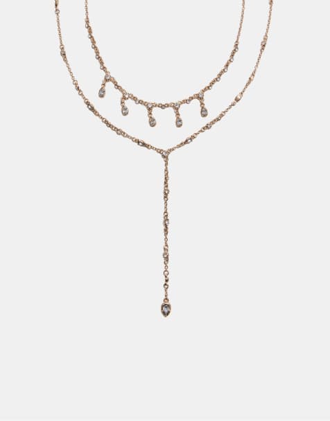 Stradivarius Rhinestone lariat necklace in gold - view 1
