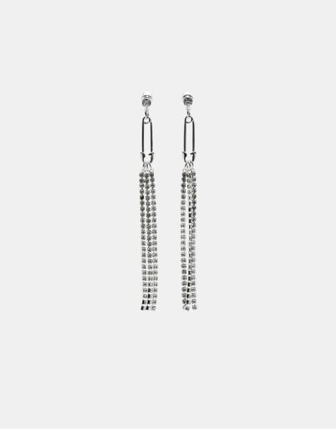 Stradivarius Rhinestone safety pin dangle earrings in grey - view 1