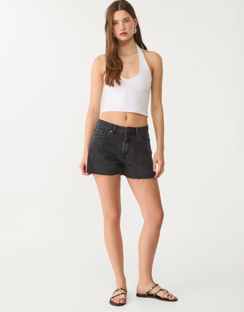 Stradivarius rhinestone shorts in dark black - view 1