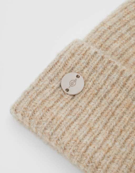 Stradivarius ribbed cap with plate in beige, 3 of 4