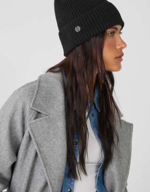 Stradivarius ribbed cap with plate in black, 3 of 3