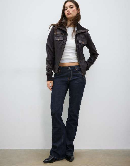 Stradivarius Ribbed combined leather jacket in black, 3 of 4