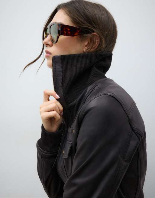 Stradivarius Ribbed combined leather jacket in black, 4 of 4