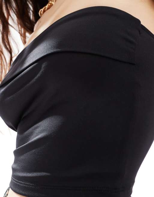 Stradivarius ribbed fold over bandeau top in black