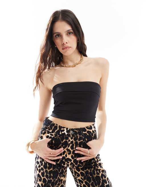 Stradivarius ribbed fold over bandeau top in black