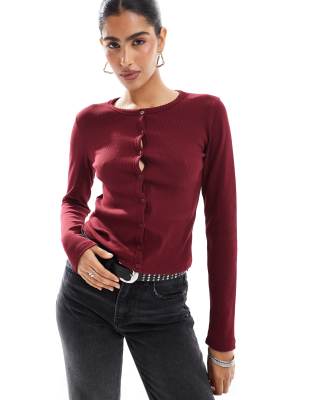 ribbed jersey cardigan in burgundy-Red