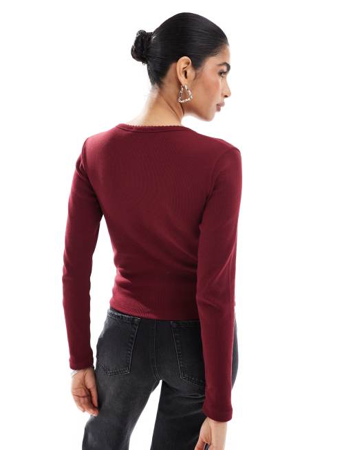 Stradivarius ribbed jersey cardigan in burgundy, 4 of 4