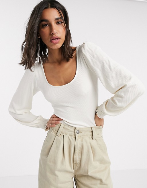 Stradivarius ribbed jersey top with balloon sleeve in beige