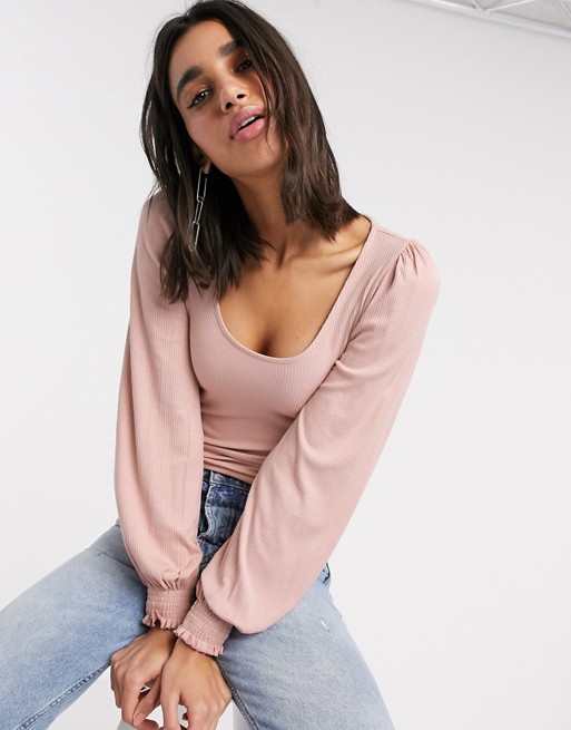 Stradivarius ribbed jersey top with balloon sleeve in pink