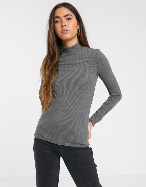 Stradivarius ribbed jersey top with embellished sleeve detail in grey