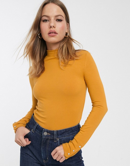 Stradivarius ribbed jersey top with embellished sleeve detail in mustard