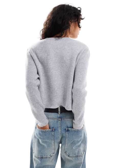 Stradivarius ribbed knit cardigan with buttons in grey melange, 2 of 4