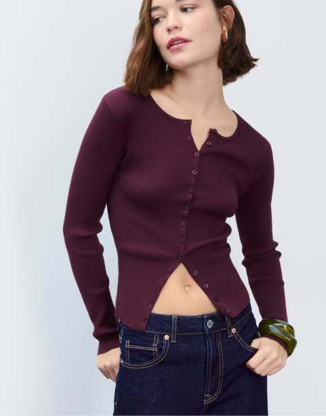 Stradivarius Ribbed knit cardigan with buttons in purple