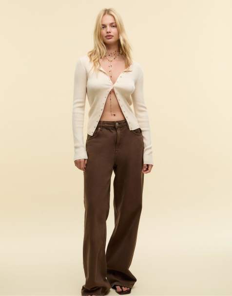 Stradivarius Ribbed knit cardigan with buttons in stone - view 1