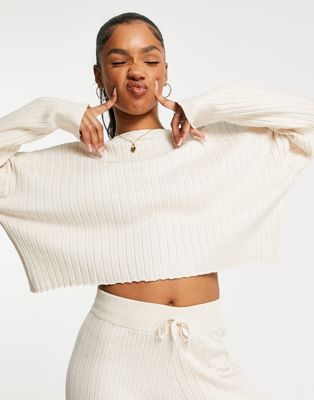 Stradivarius ribbed knitted co-ord jumper in cream