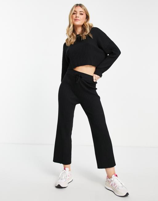 Black Ribbed Drawstring Wide Leg Crop Trousers