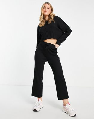 Stradivarius ribbed knitted relaxed trousers co-ord in black