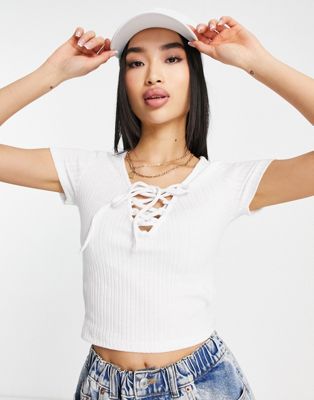 Stradivarius ribbed lace up t-shirt in ecru