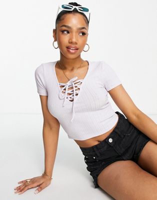 Stradivarius ribbed lace up t-shirt in lilac - ASOS Price Checker