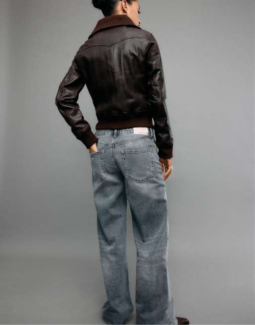 Stradivarius Ribbed leather jacket in brown, 3 of 7