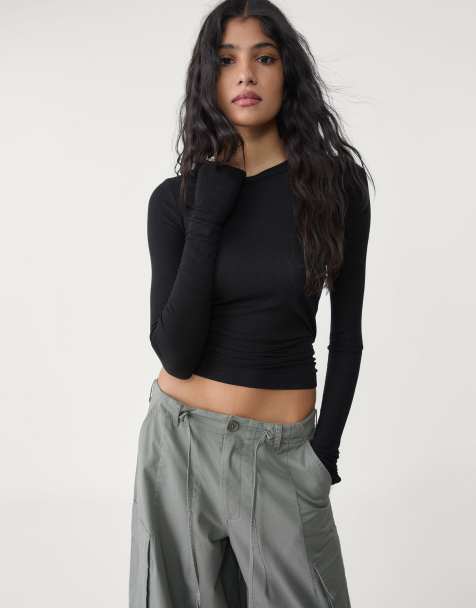 Stradivarius ribbed long sleeve t-shirt in black