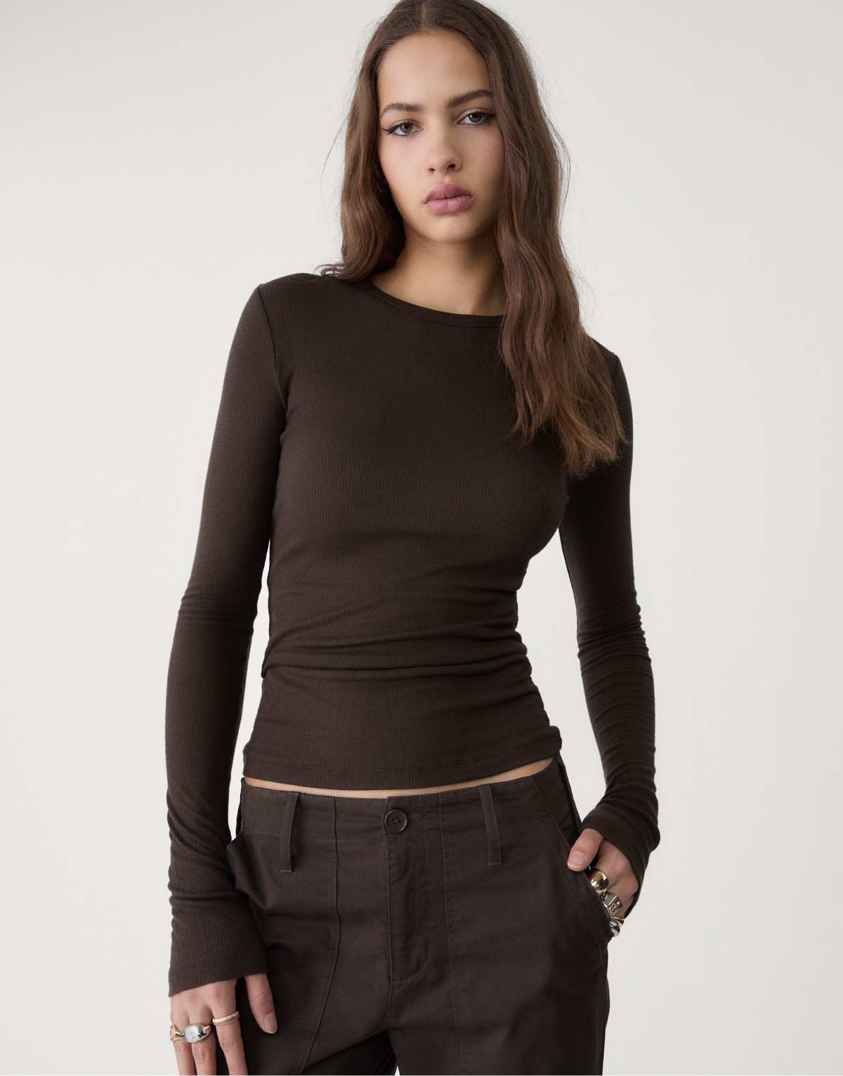 Stradivarius Ribbed long sleeve t-shirt in brown