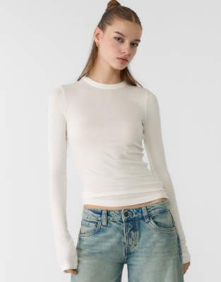 Stradivarius ribbed long sleeve t-shirt in ecru - view 1