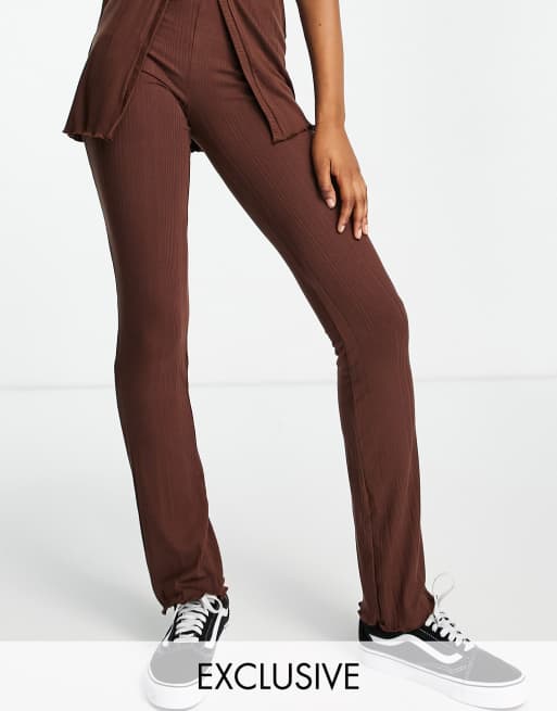 Stradivarius short sleeve button detail polo and ribbed pants co-ord in brown, 3 of 3