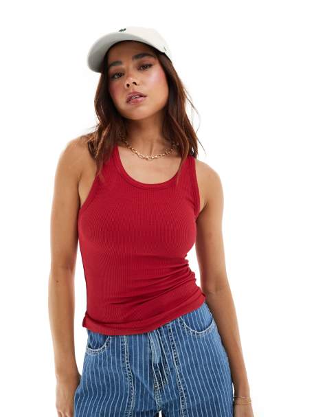 Stradivarius ribbed racer tank top in red - view 1