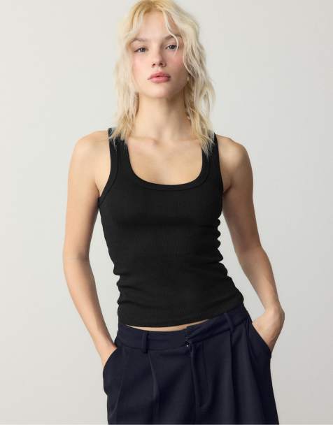 Stradivarius Ribbed racerback t-shirt in black