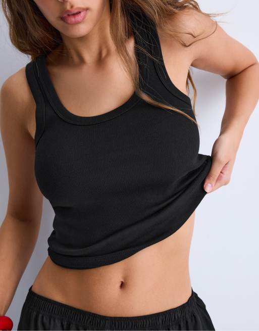 Stradivarius Ribbed racerback t-shirt in black, 4 of 4